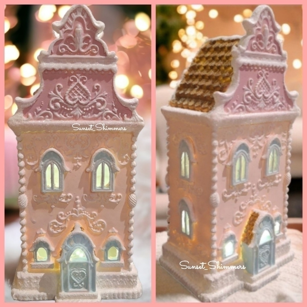 RAZ 13.5" PINK Glitter Icing Scrollwork LED Lighted Victorian Gingerbread House